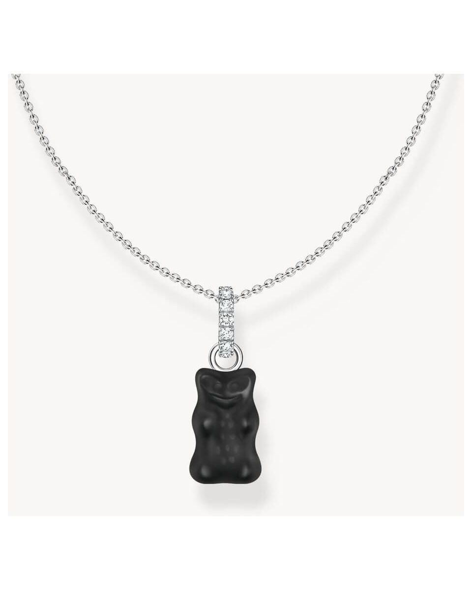 Chaîne à breloque en argent avec pendentif Ours noir et zircones blanches, ajustable de 40 à 45 cm.