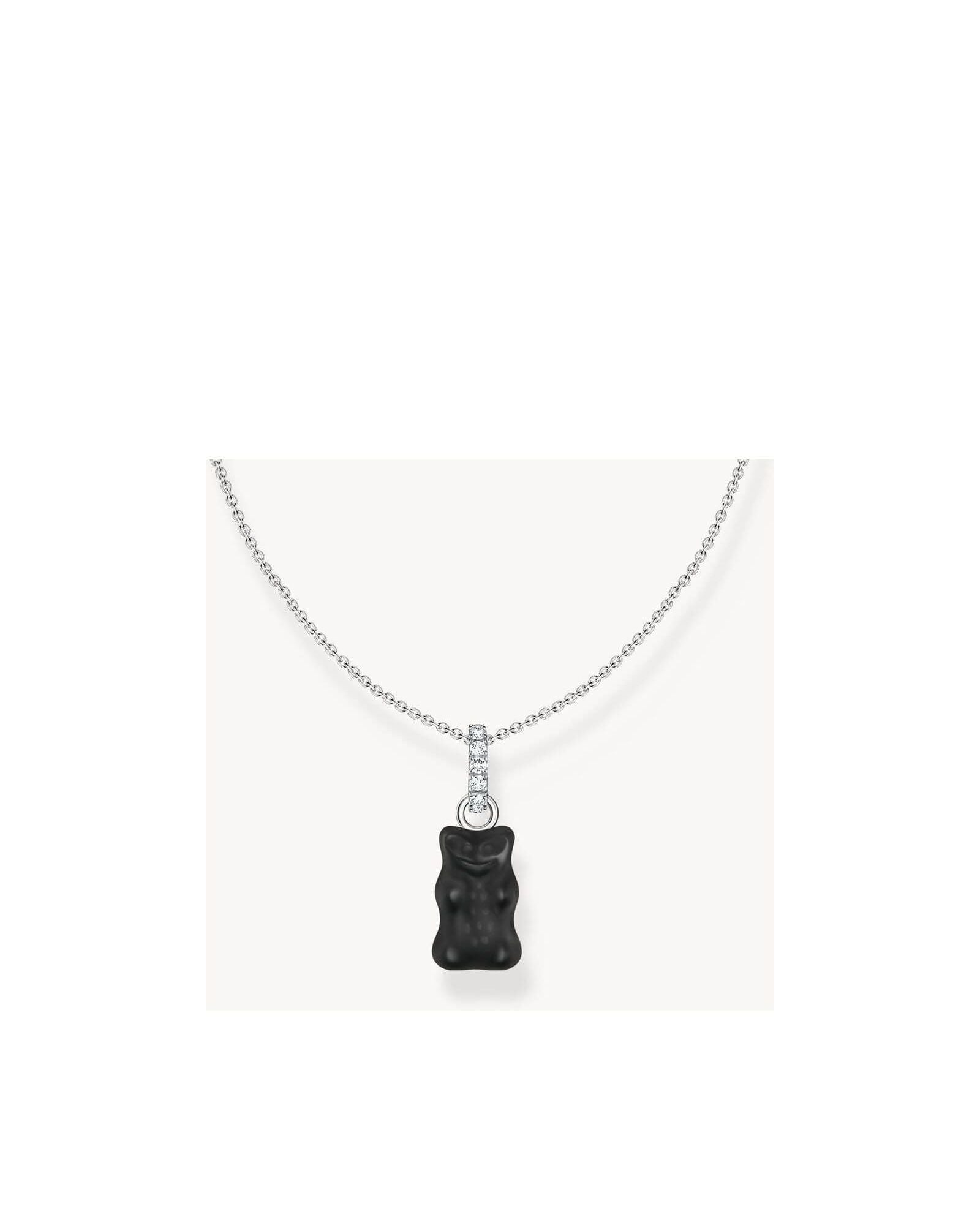 Chaîne à breloque en argent avec pendentif Ours noir et zircones blanches, ajustable de 40 à 45 cm.