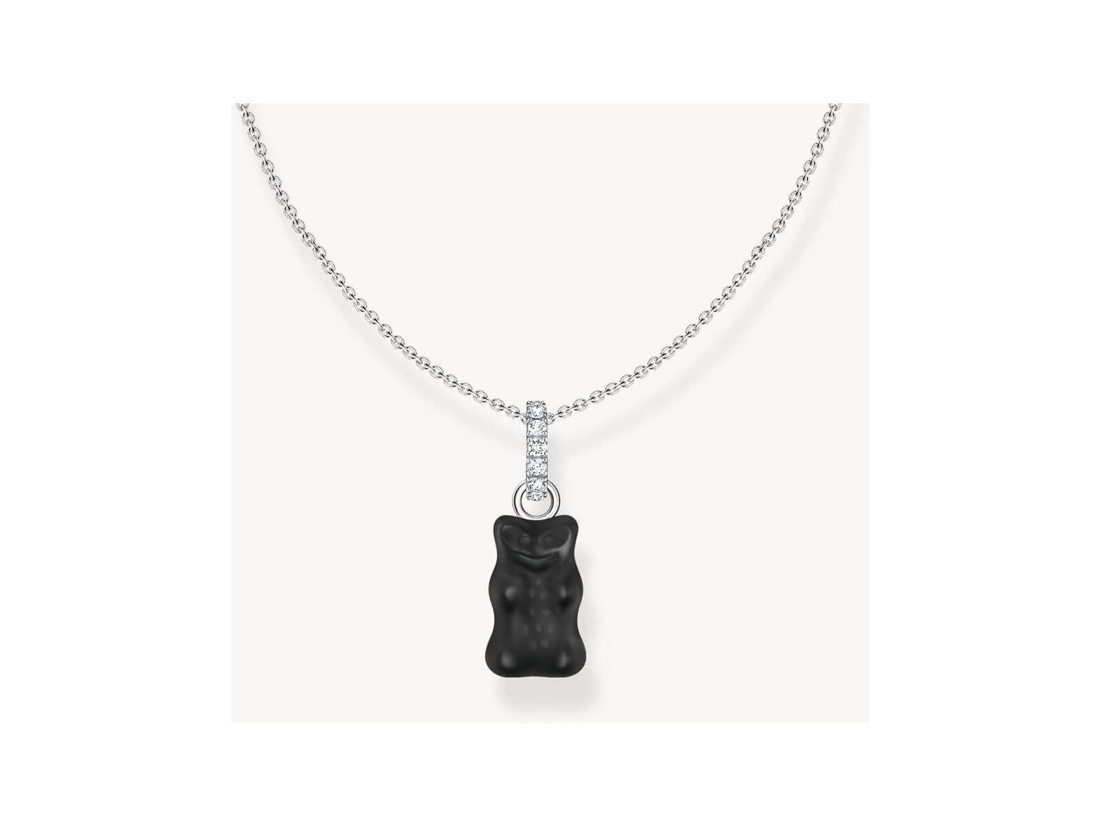 Chaîne à breloque en argent avec pendentif Ours noir et zircones blanches, ajustable de 40 à 45 cm.