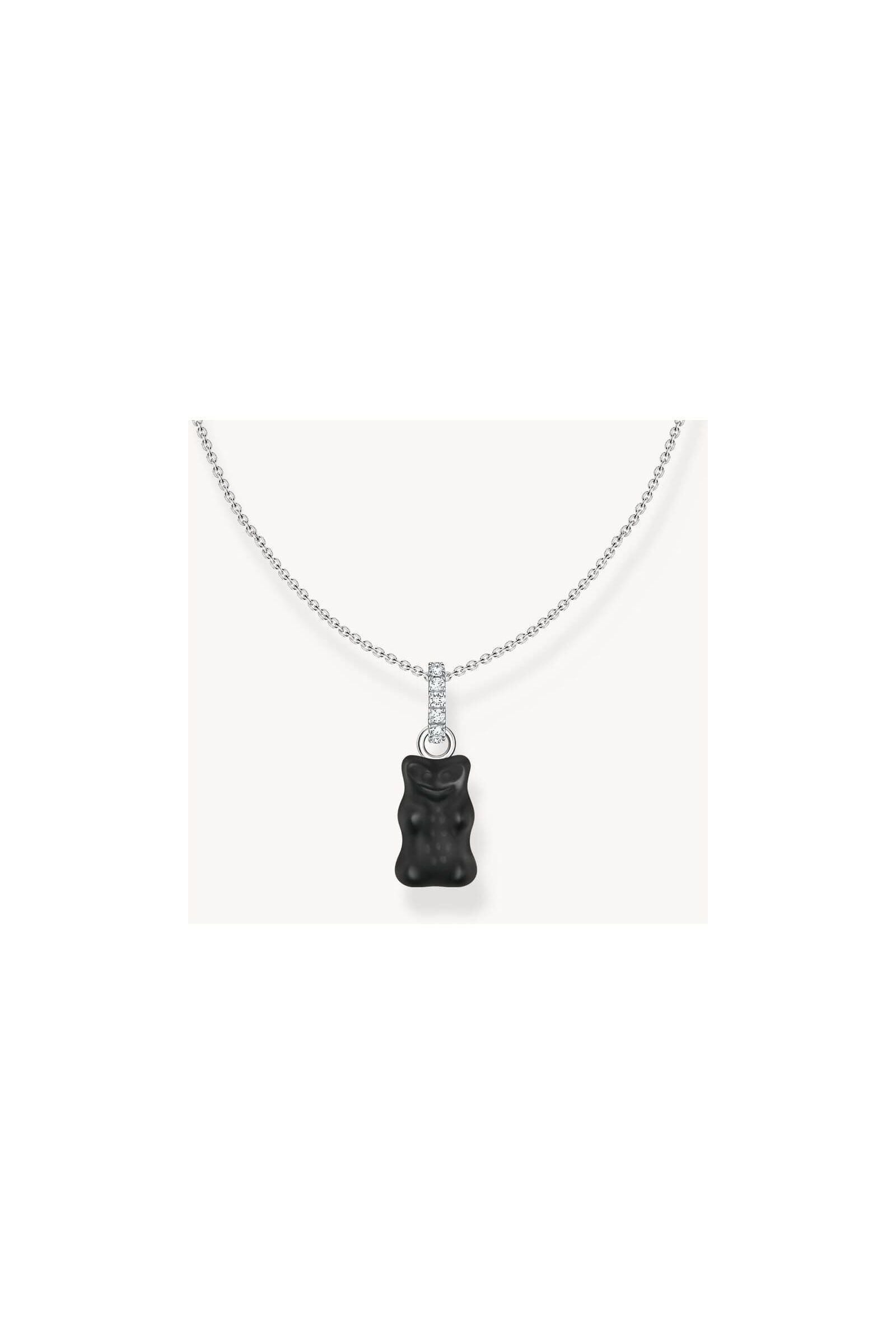 Chaîne à breloque en argent avec pendentif Ours noir et zircones blanches, ajustable de 40 à 45 cm.