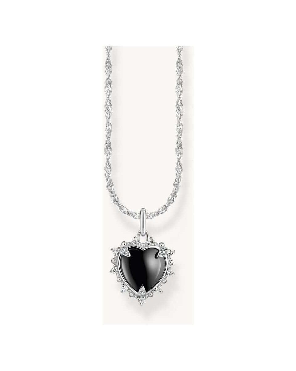Chaîne argentée avec pendentif cœur noir orné de zircons, design vintage pour femme, longueur réglable.
