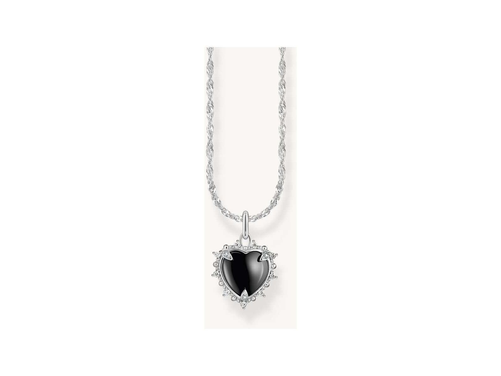 Chaîne argentée avec pendentif cœur noir orné de zircons, design vintage pour femme, longueur réglable.