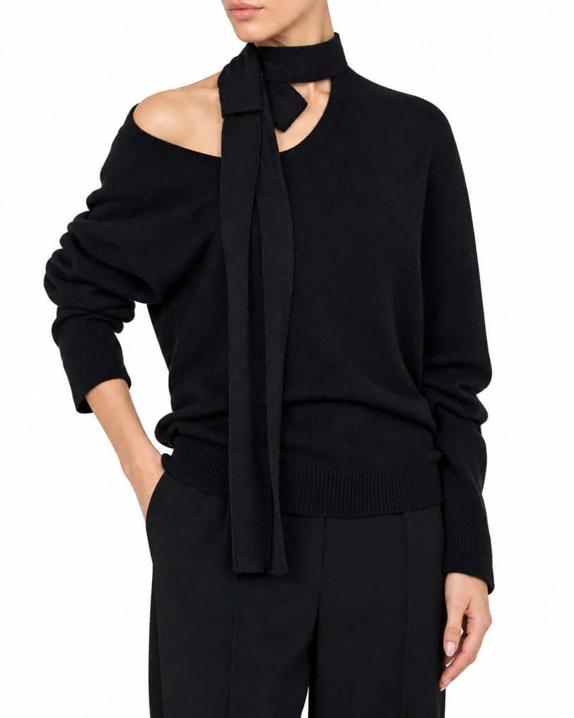 Pull-over en cachemire Alberta Ferretti noir avec un col noué et une épaule dénudée, parfait pour un look chic.