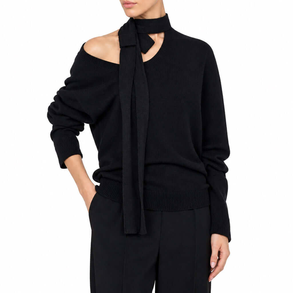 Pull-over en cachemire Alberta Ferretti noir avec un col noué et une épaule dénudée, parfait pour un look chic.