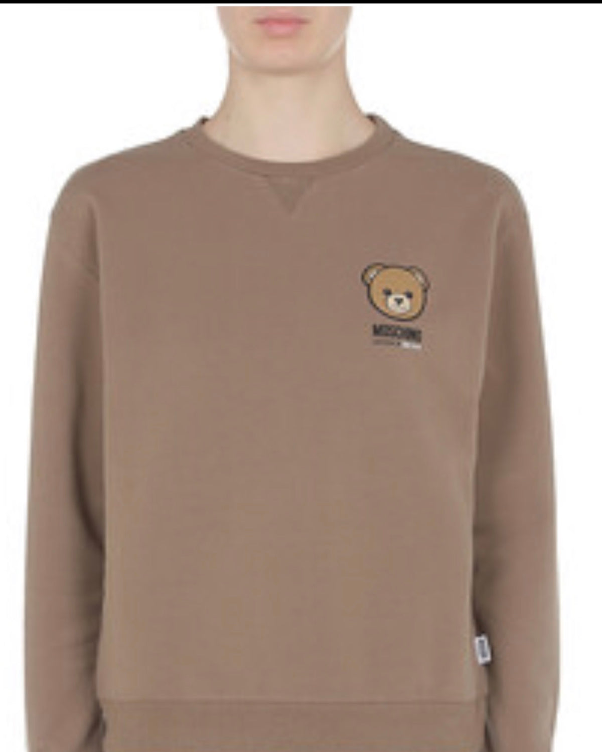 Sweatshirt col rond Moschino actif avec motif ours sur fond brun, coupe classique et confortable.