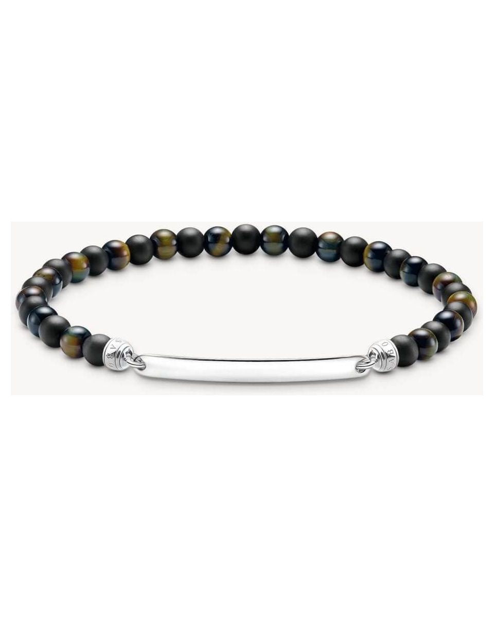 Bracelet extensible avec perles en obsidienne et œil de tigre, barrette en argent gravable.