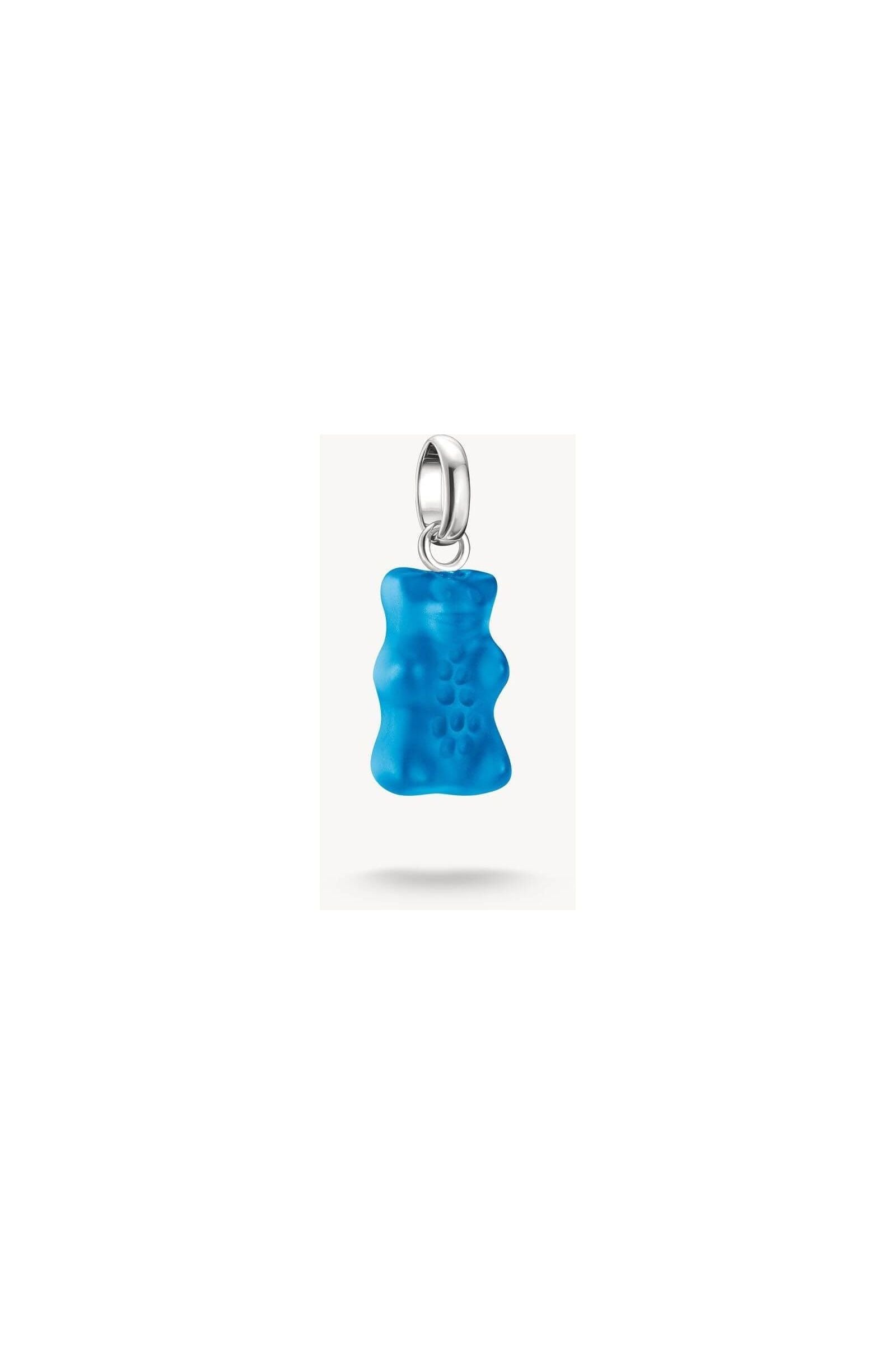Pendentif charm ours en cristal bleu, inspiré des Goldbears HARIBO, avec attache en argent recyclé.
