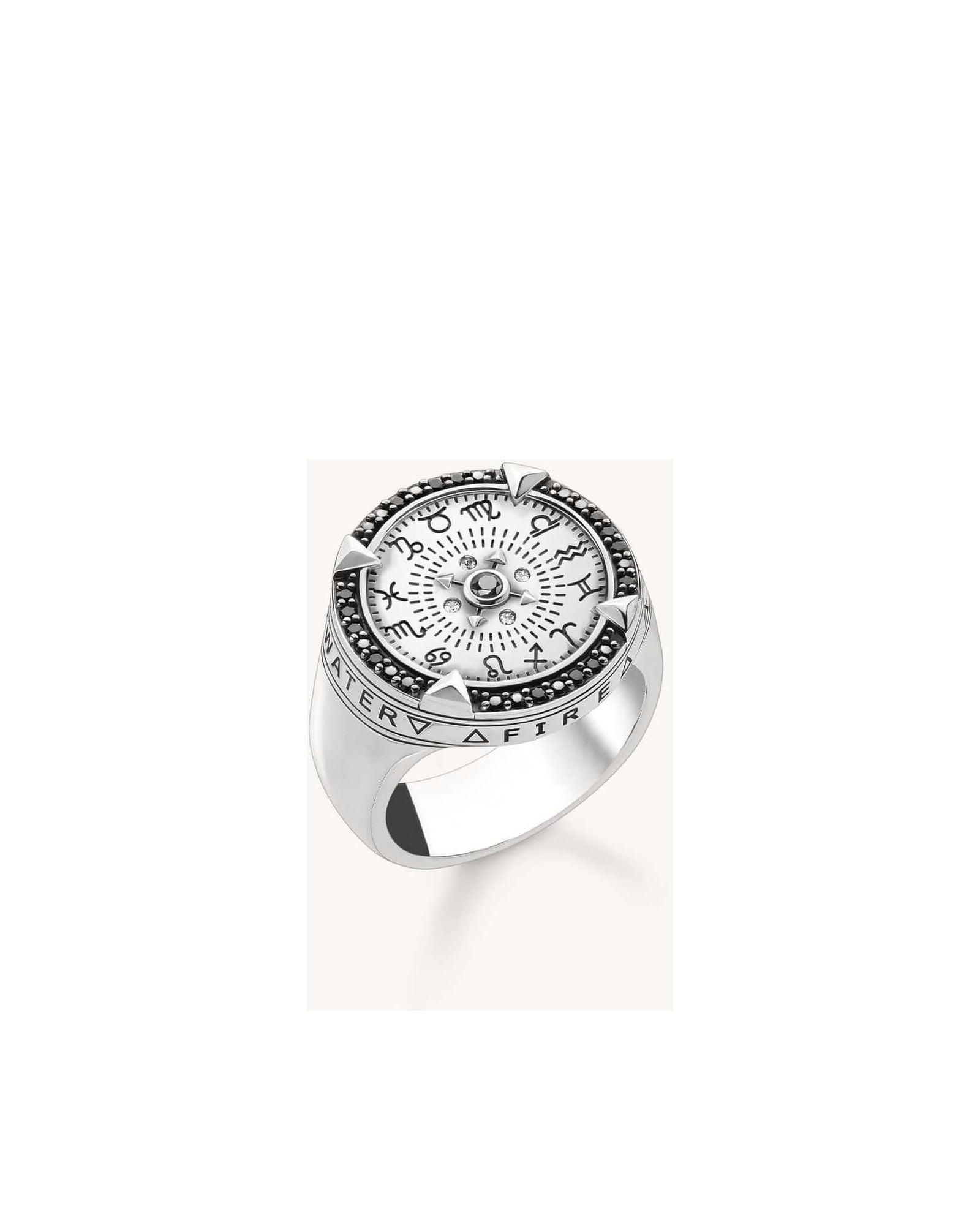 Bague Elements of Nature en argent sterling 925 avec symboles des 12 signes du zodiaque et gravures des quatre éléments.