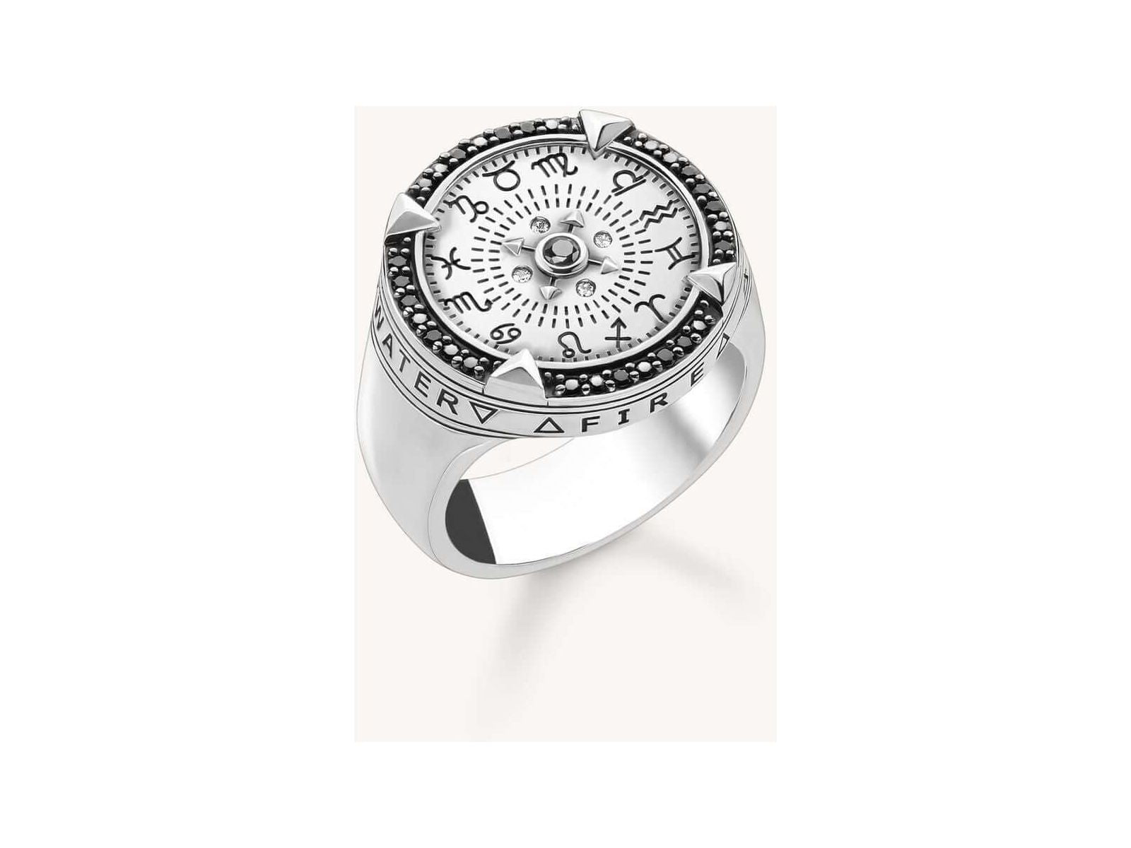 Bague Elements of Nature en argent sterling 925 avec symboles des 12 signes du zodiaque et gravures des quatre éléments.