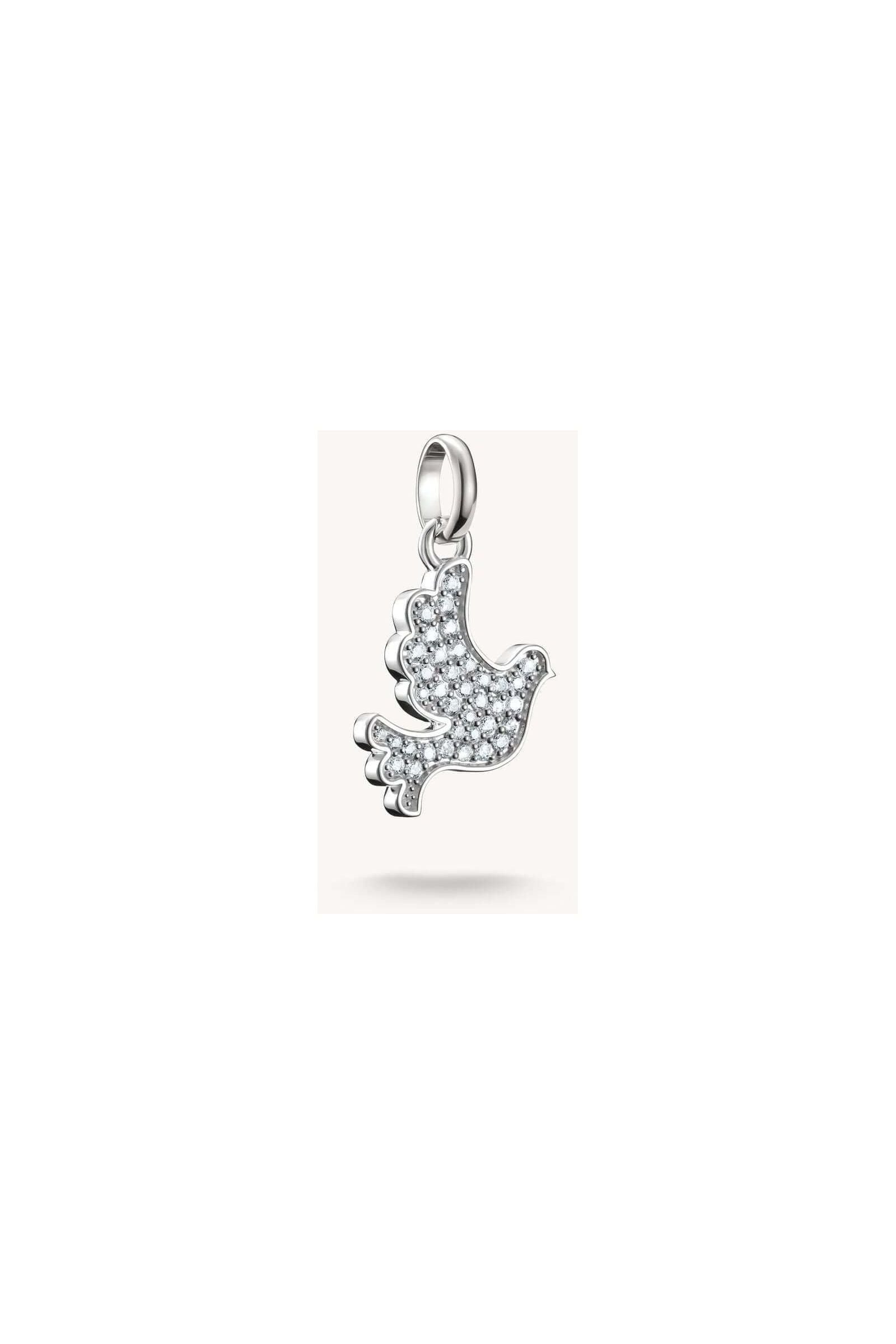 Pendentif charm colombe de la paix en argent 925 serti de zirconiums, symbole d'espoir et d'élégance.