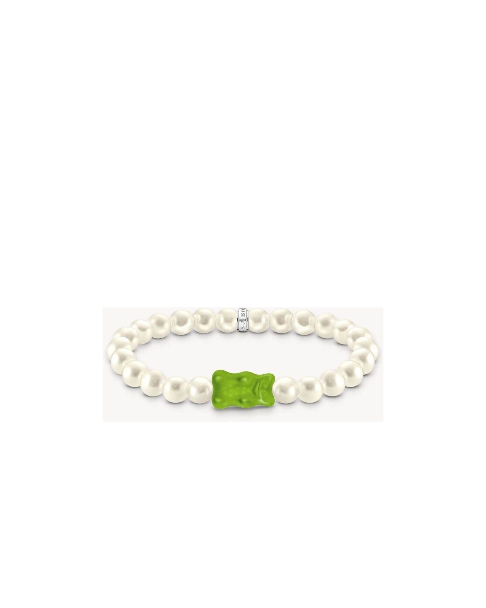 Bracelet de perles avec Ours d'or vert en cristal, anneau en argent recyclé, design élégant et original.