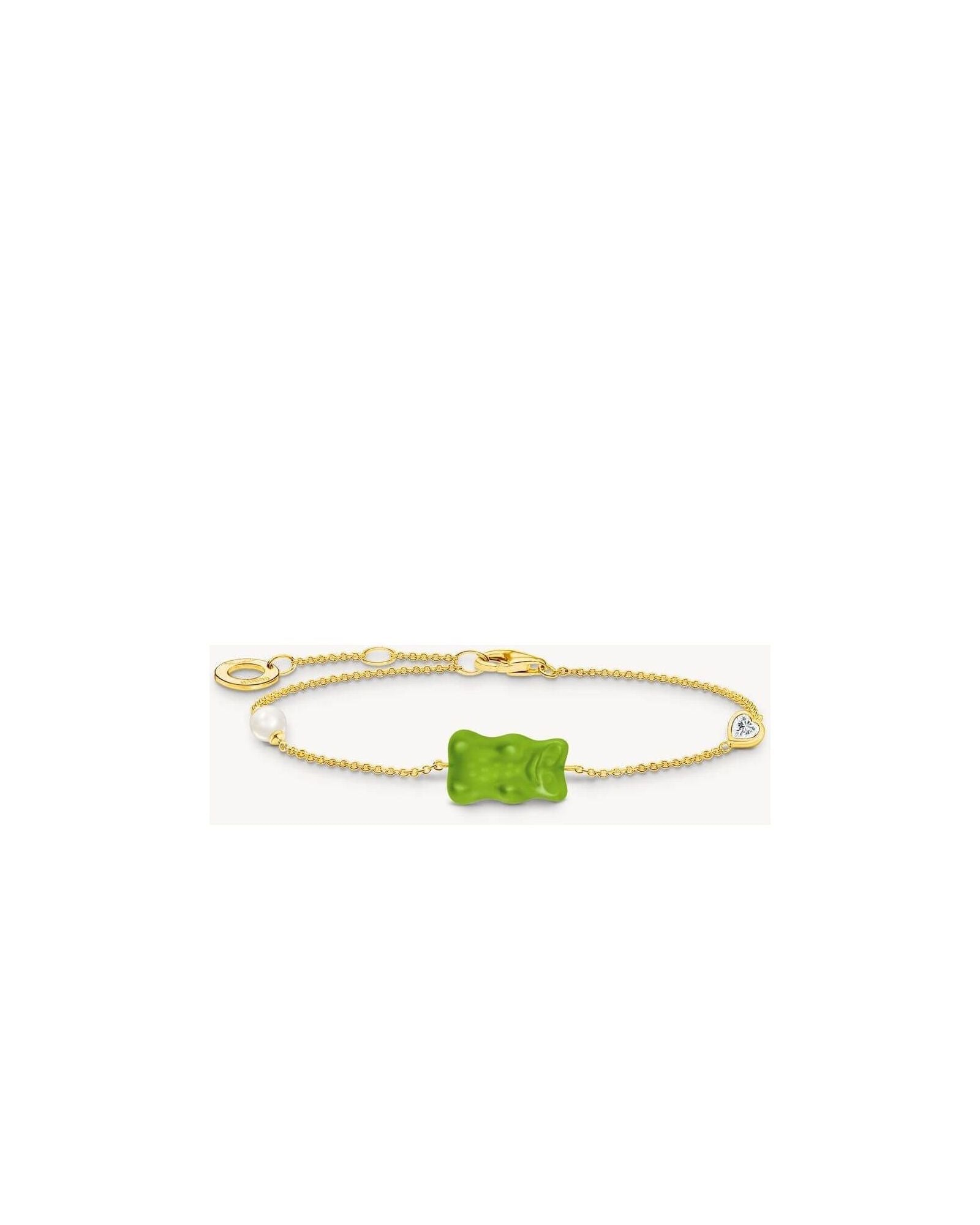 Bracelet en argent recyclé, plaqué or 18 carats avec ours d'or vert, perle d'eau douce et zircone en cœur.