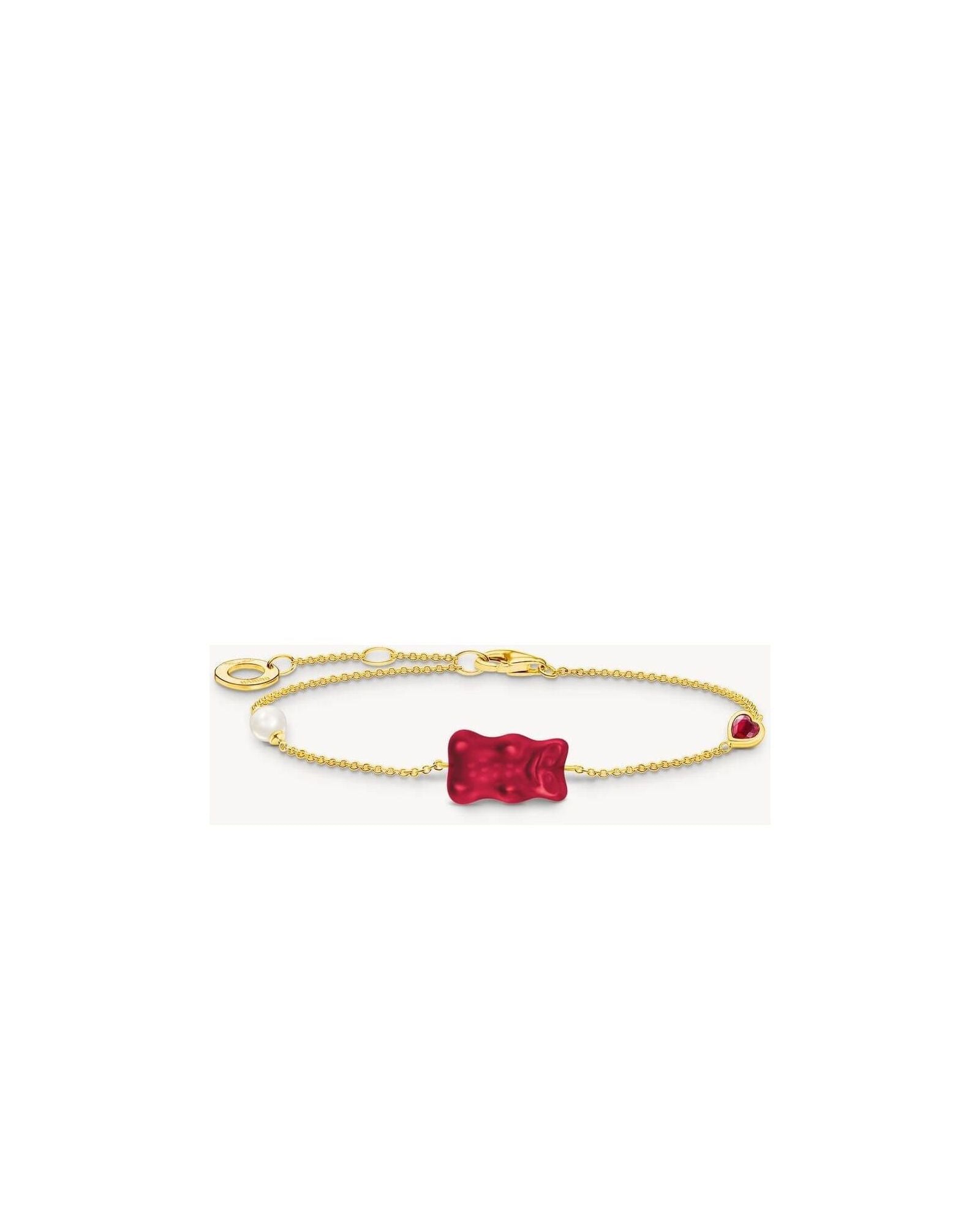 Bracelet en argent recyclé, plaqué or avec ours d’or rouge, perle d'eau douce et zircone taillée en cœur.