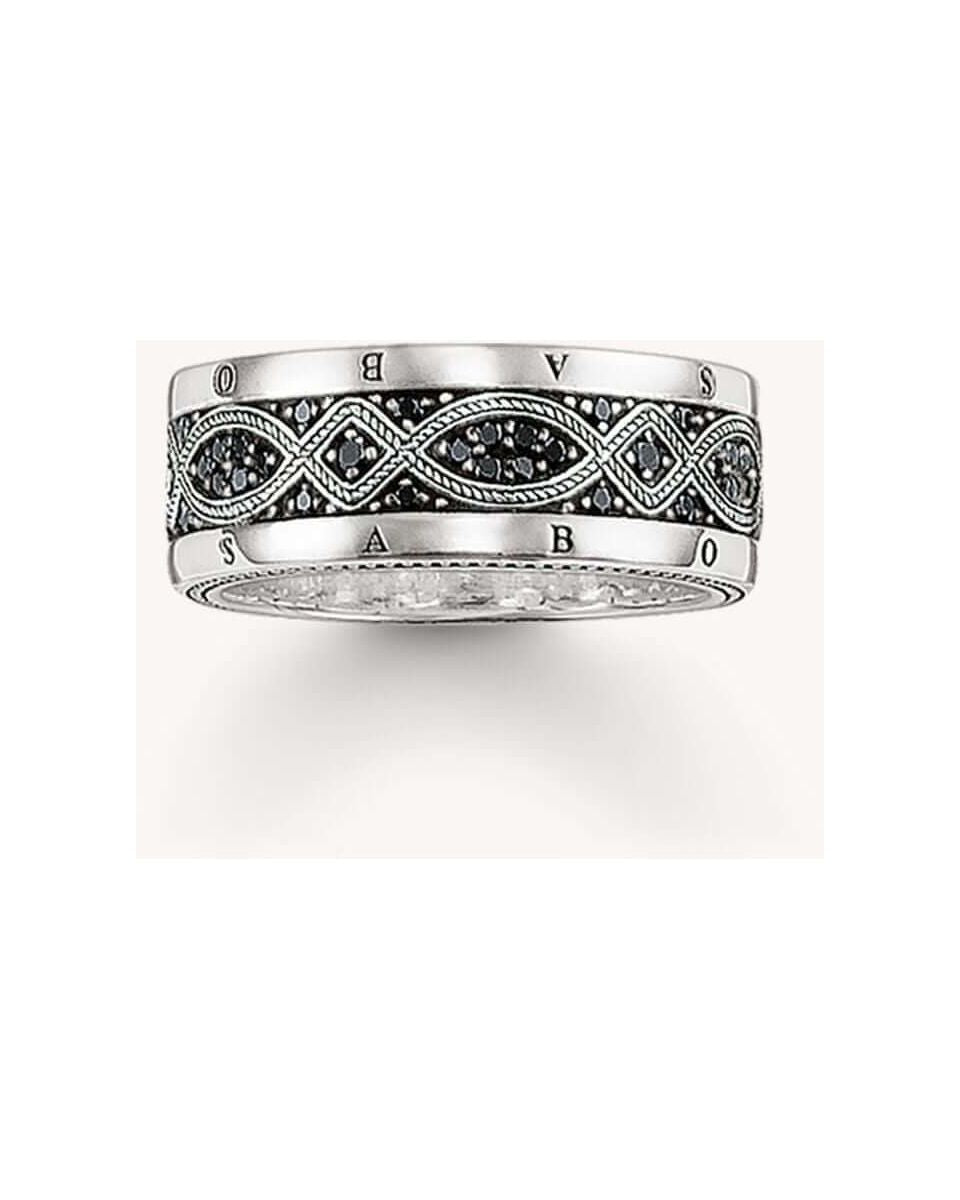Bague ruban love knot en argent 925 recyclé avec design noir et argenté, ornée d'oxydes, collection THOMAS SABO.