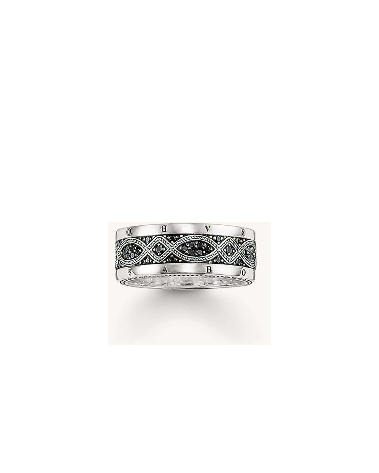 Bague ruban love knot en argent 925 recyclé avec design noir et argenté, ornée d'oxydes, collection THOMAS SABO.