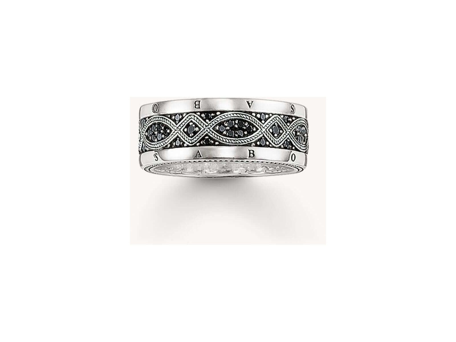 Bague ruban love knot en argent 925 recyclé avec design noir et argenté, ornée d'oxydes, collection THOMAS SABO.
