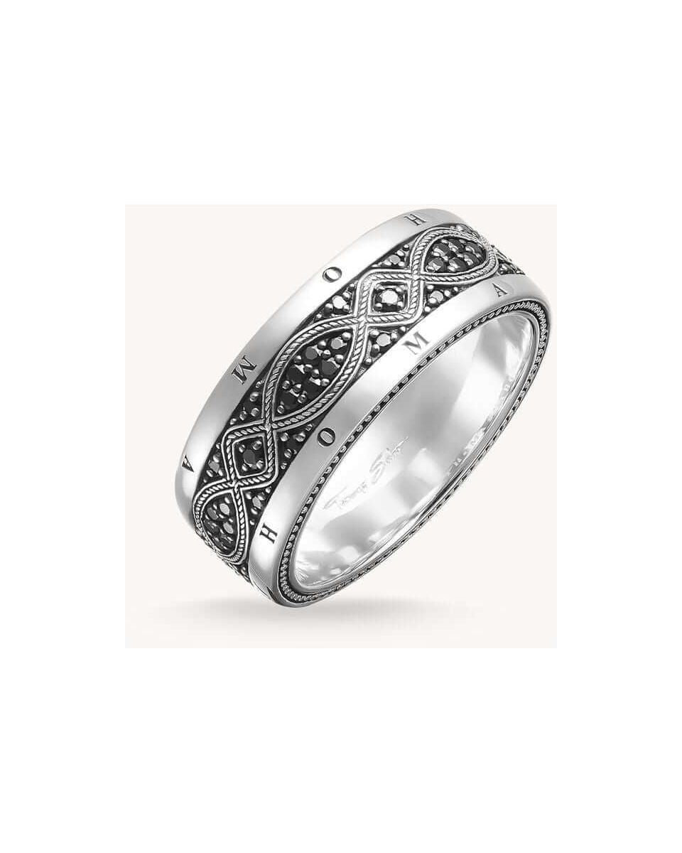 Bague ruban love knot en argent 925 recyclé, avec design noir et argenté, pierres en oxyde.