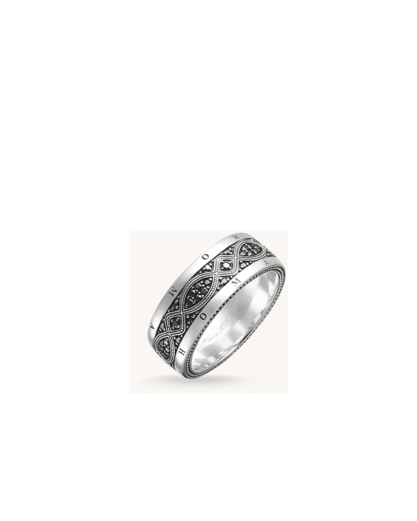 Bague ruban love knot en argent 925 recyclé, avec design noir et argenté, pierres en oxyde.