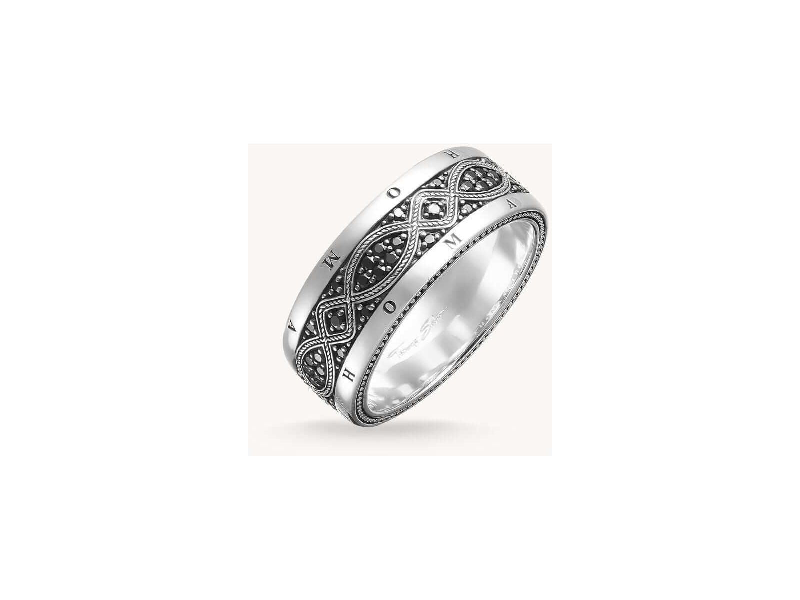Bague ruban love knot en argent 925 recyclé, avec design noir et argenté, pierres en oxyde.