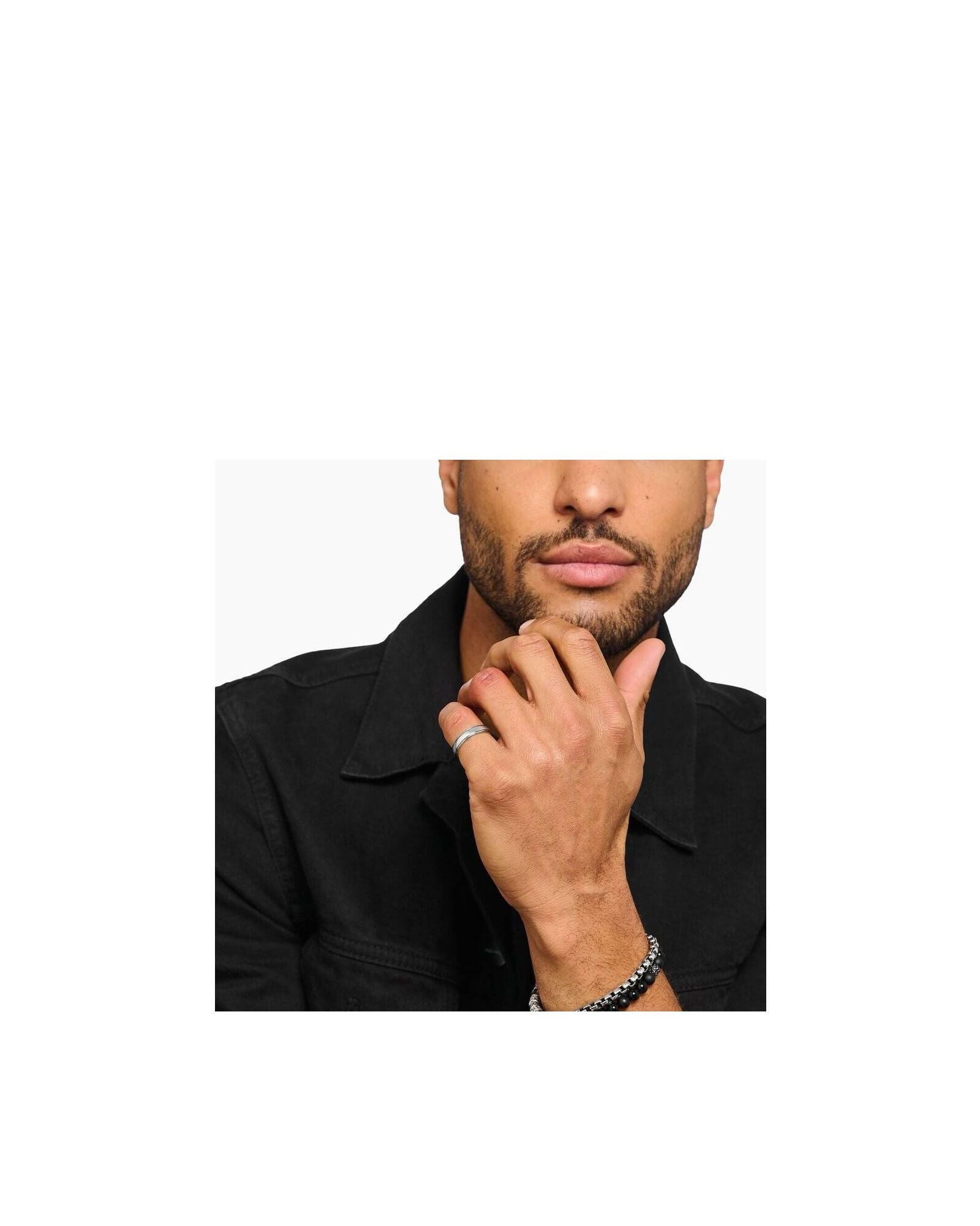 Man wearing a sleek silver band ring and bracelets, showcasing minimalist jewelry style.