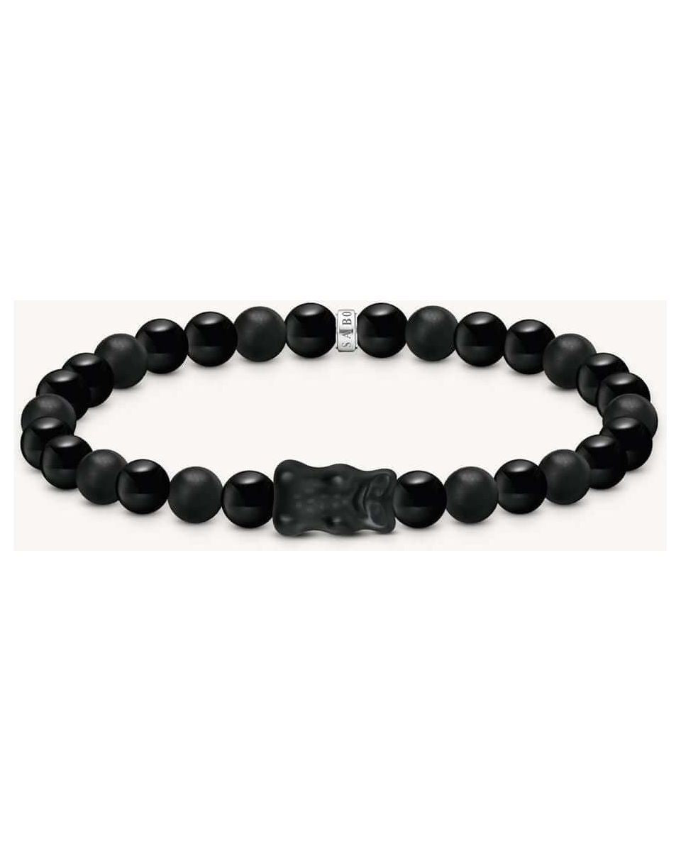 Bracelet en perles d'obsidienne noire avec ours en cristal noir, élégant et moderne.