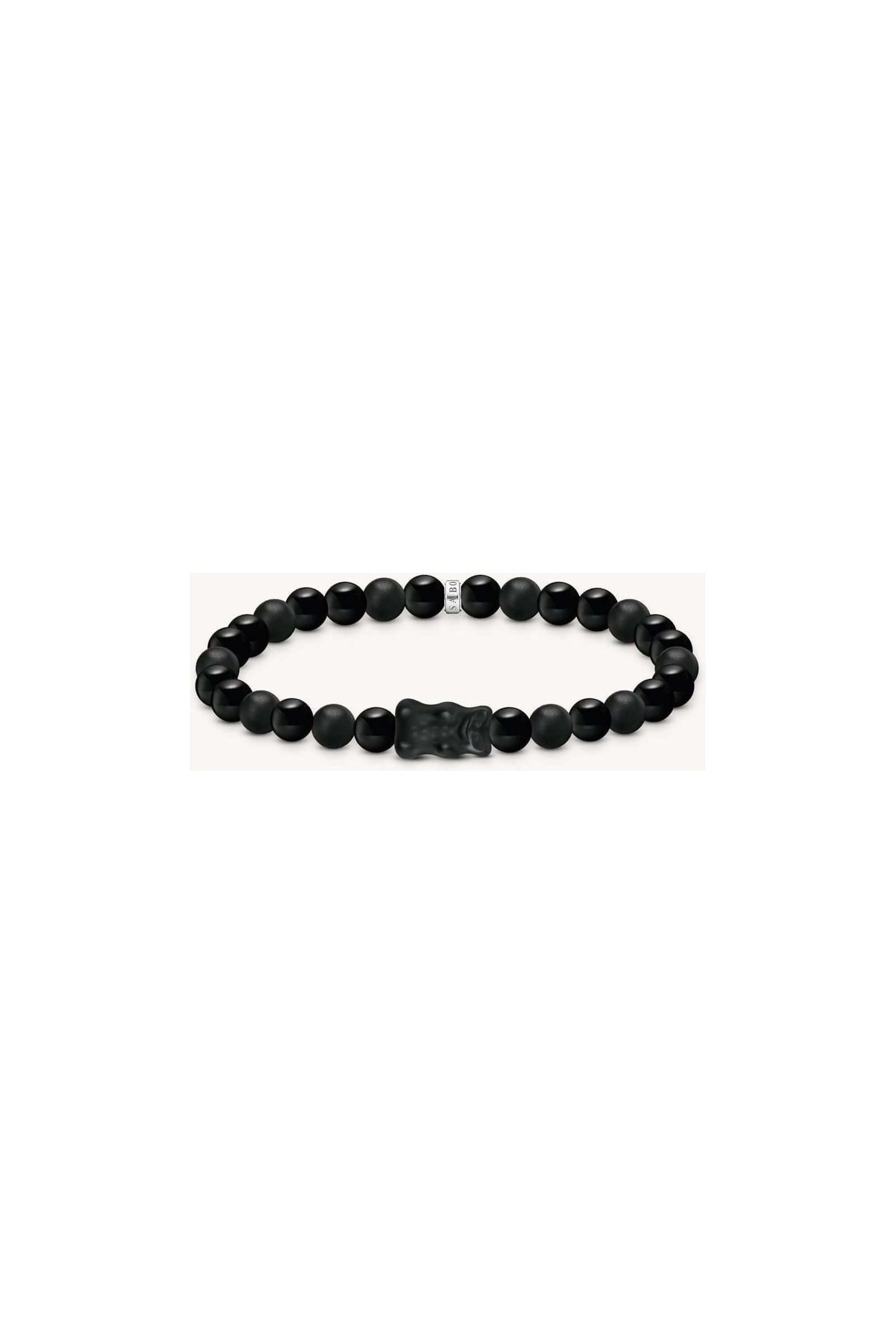 Bracelet en perles d'obsidienne noire avec ours en cristal noir, élégant et moderne.