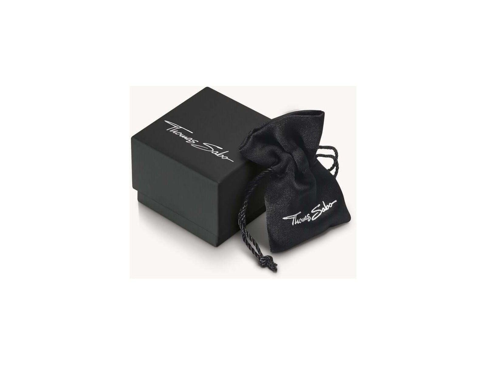 Boîte et sachet en satin noir de la marque Thomas Sabo pour présentation de bijoux.