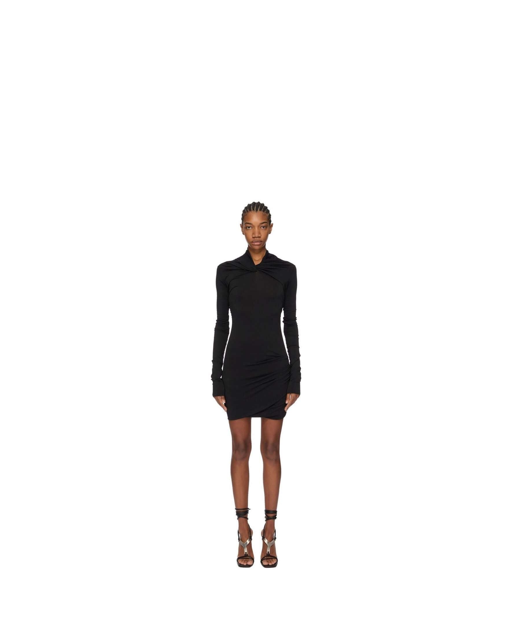 Robe mini Rick Owens en viscose crêpe noir avec col bénitier et drapés, style élégant et moderne.