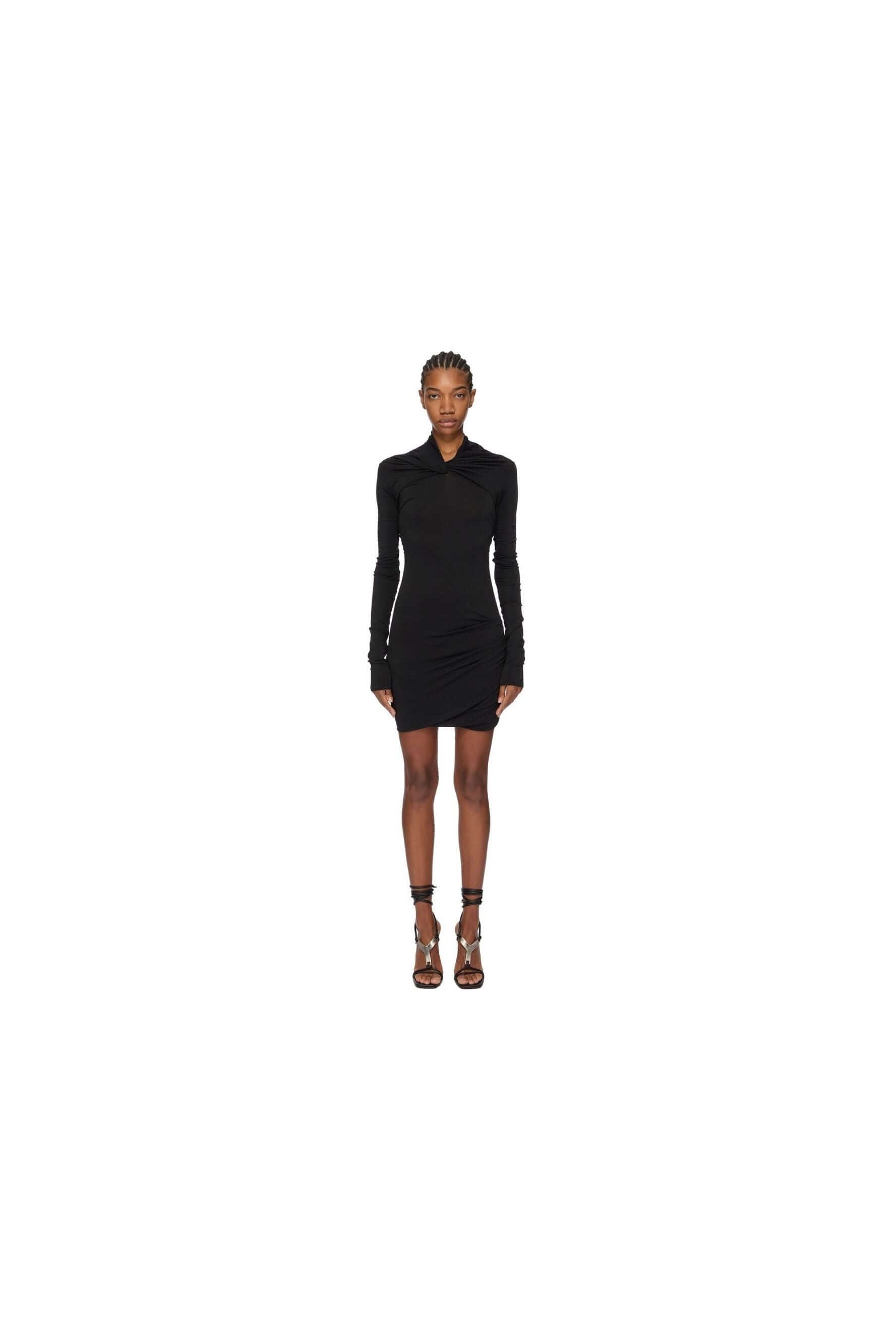 Robe mini Rick Owens en viscose crêpe noir avec col bénitier et drapés, style élégant et moderne.