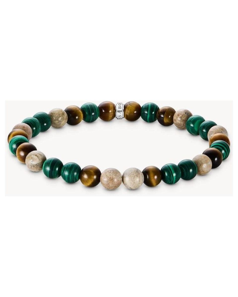 Bracelet en jaspe Daisy, malachite imitée et œil de tigre, couleurs terre et vert, 7 mm, avec bague argent.