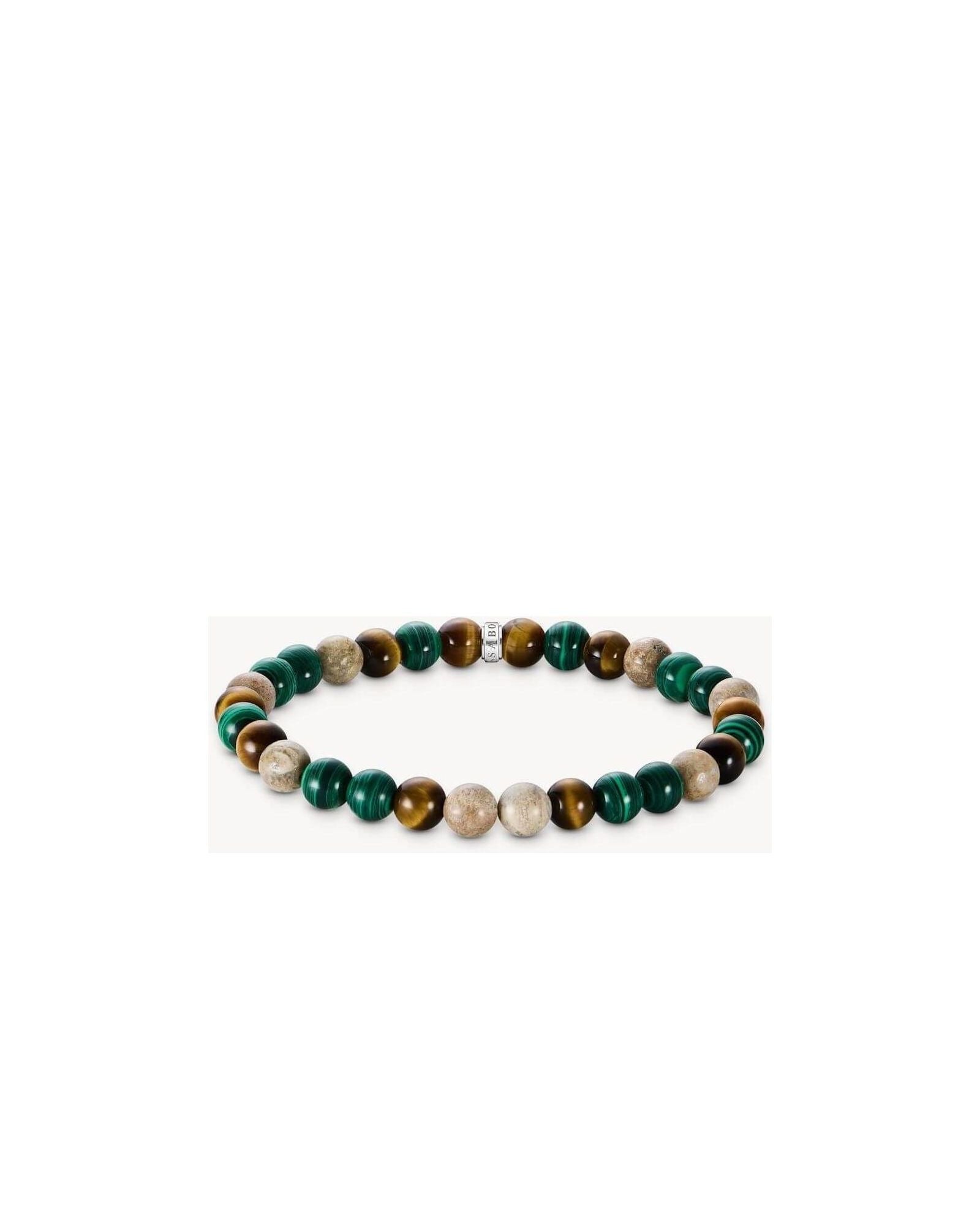 Bracelet en jaspe Daisy, malachite imitée et œil de tigre, couleurs terre et vert, 7 mm, avec bague argent.