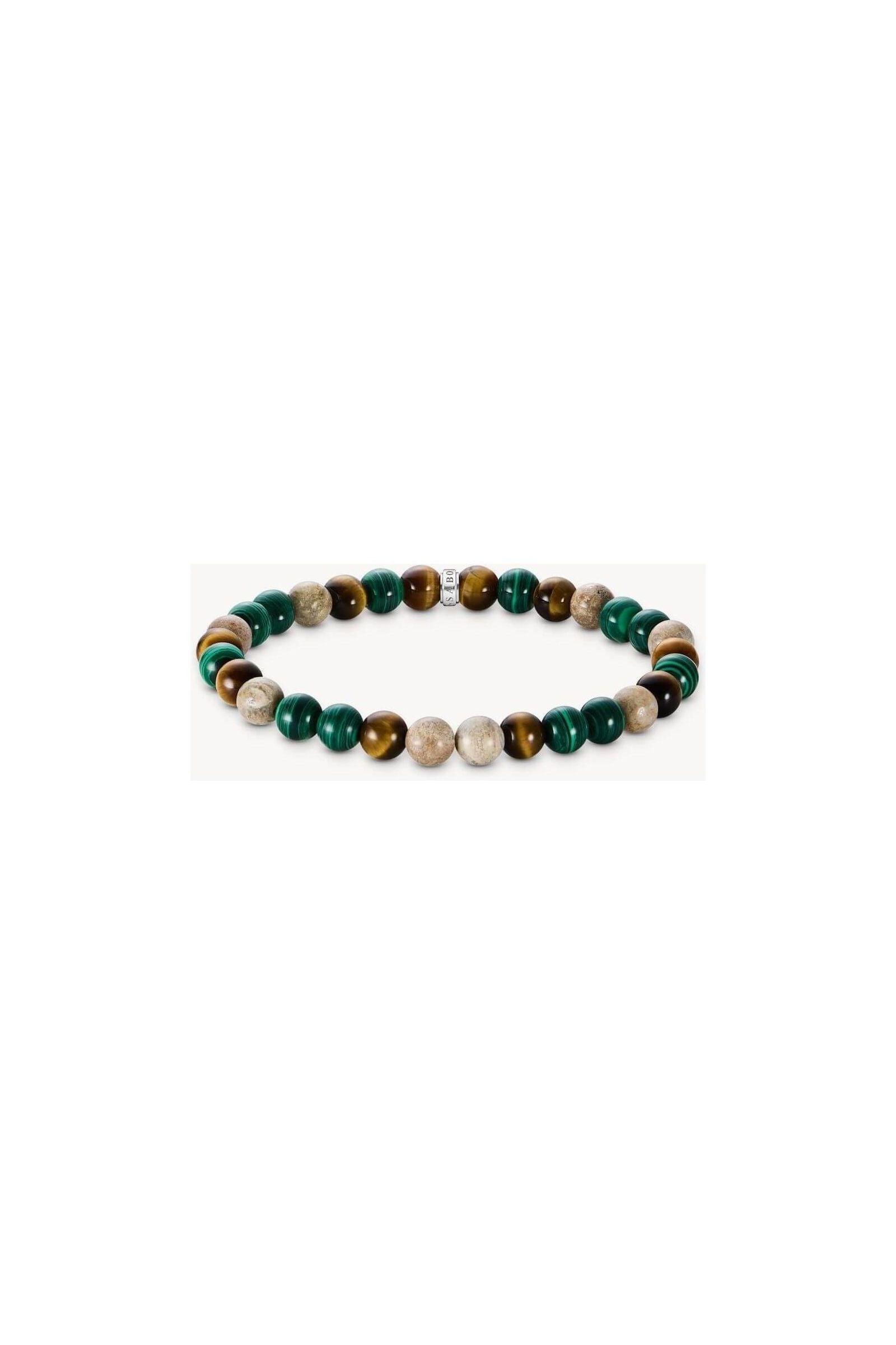 Bracelet en argent avec perles de jaspe Daisy, malachite et œil de tigre, combinant tons verts et terre.