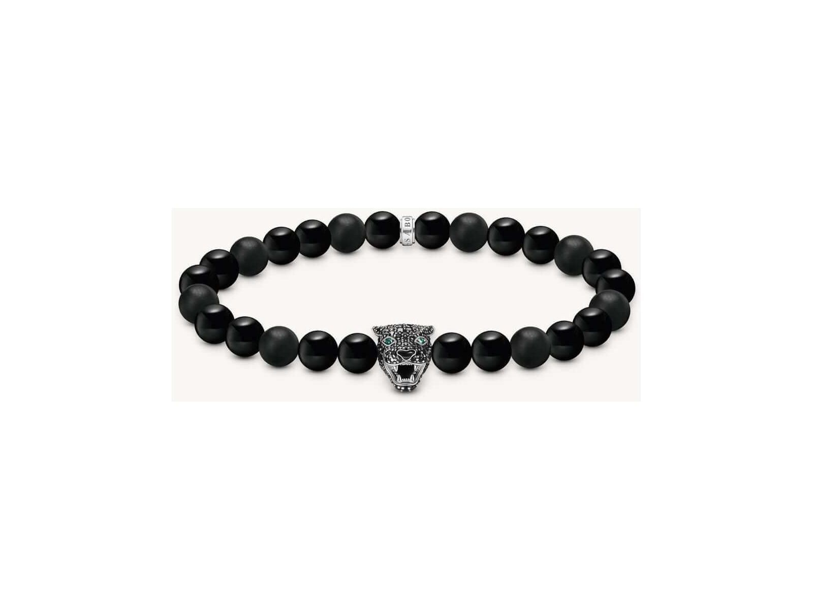 Bracelet en obsidienne avec perles noires et tête de chat argentée, ornée de zircones, signé THOMAS SABO.