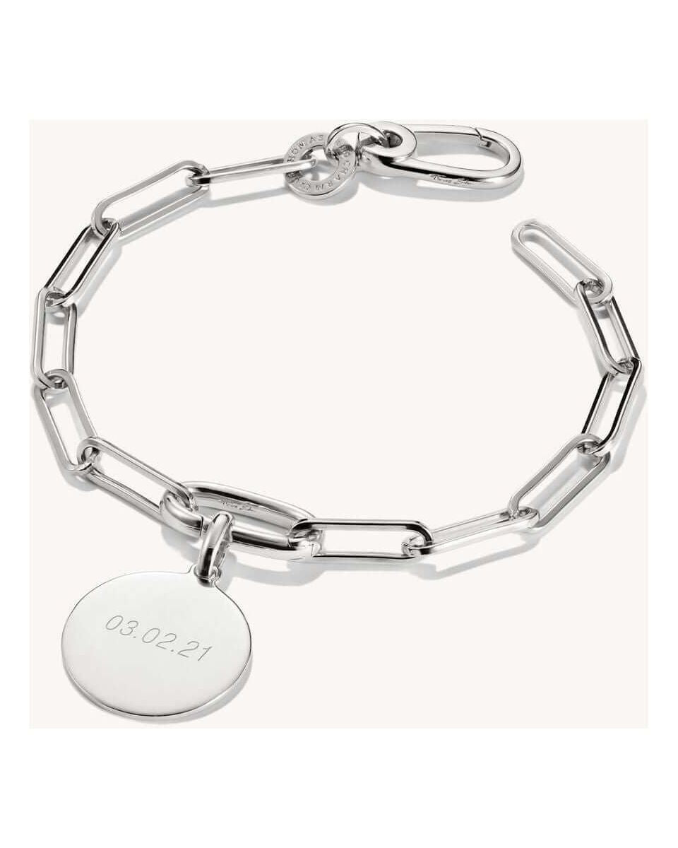 Bracelet charm en argent 925 avec design paperclip et connect link, affichant une médaille gravée.