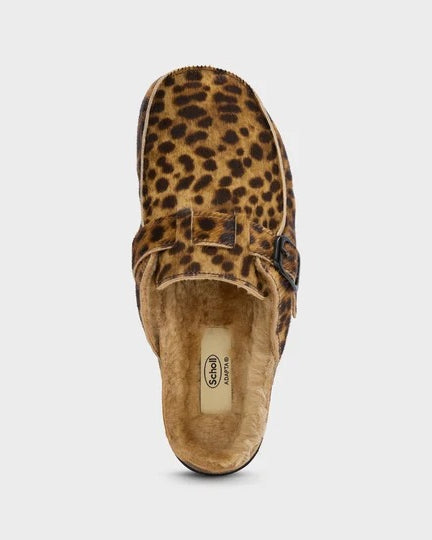 Mule Dakota - Pony leather mule with faux fur lining in animal print design.