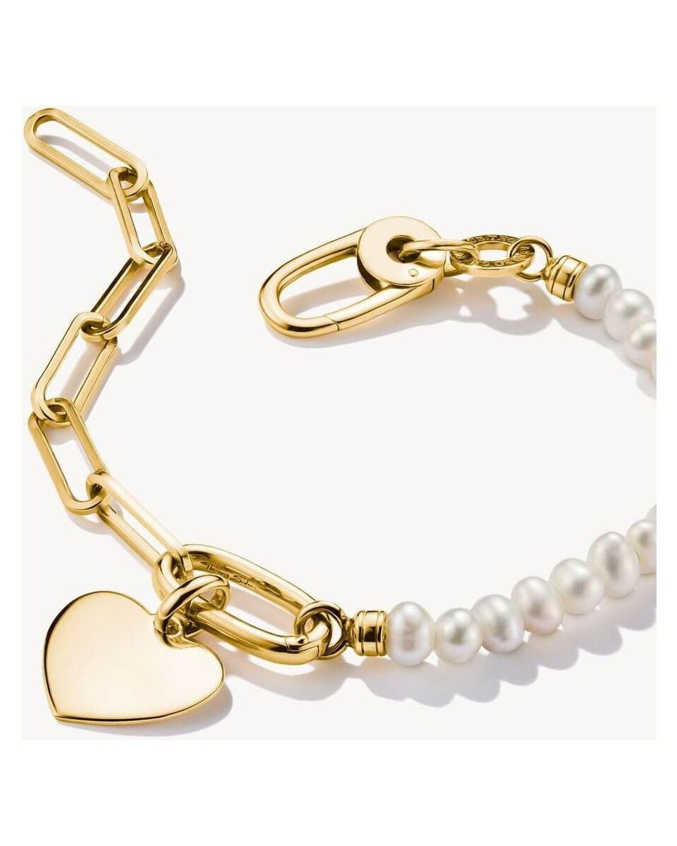 Bracelet charm avec maillons paperclip, perles d'eau douce et connect link plaqué or.