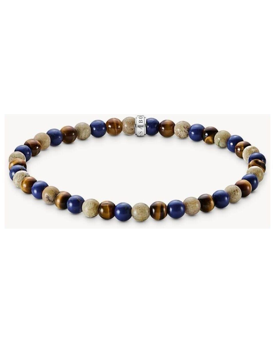 Bracelet en beads de 5 mm en jaspe Daisy et lapis-lazuli, avec bague logo THOMAS SABO en argent.