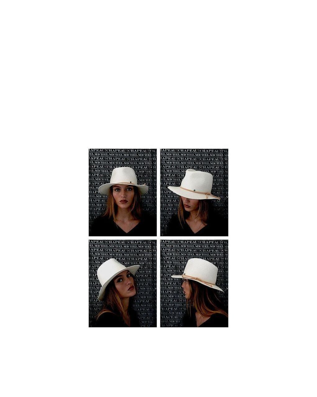 Chapeau Andre hat capsule displayed in four angles, featuring a natural straw fedora with camel ribbon.