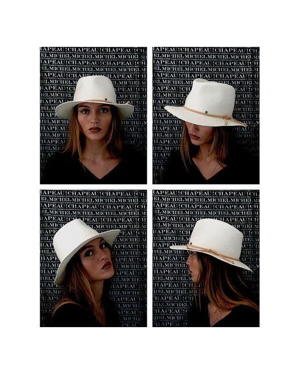 Chapeau Andre hat capsule displayed in four angles, featuring a natural straw fedora with camel ribbon.