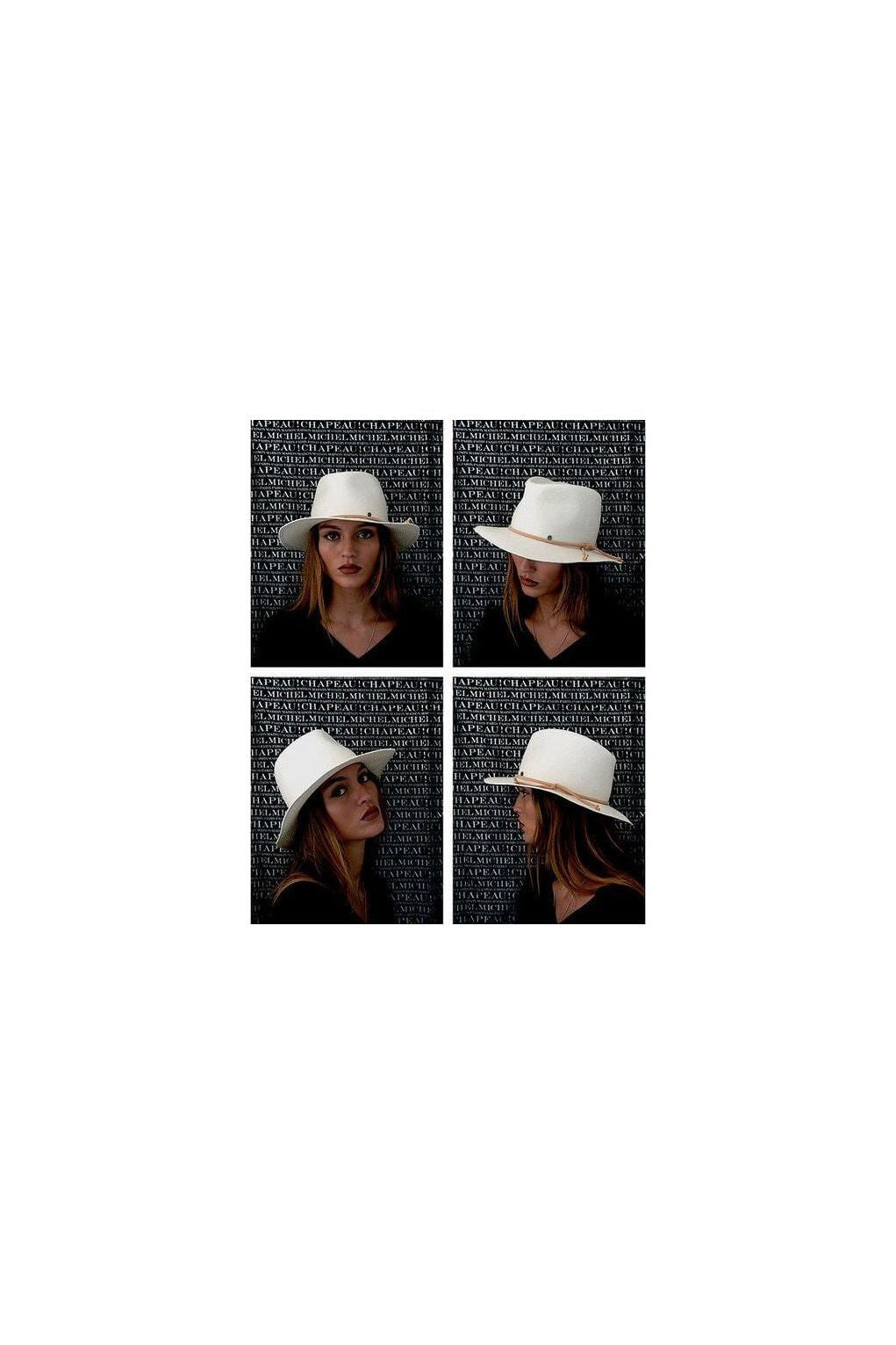 Chapeau Andre hat capsule displayed in four angles, featuring a natural straw fedora with camel ribbon.