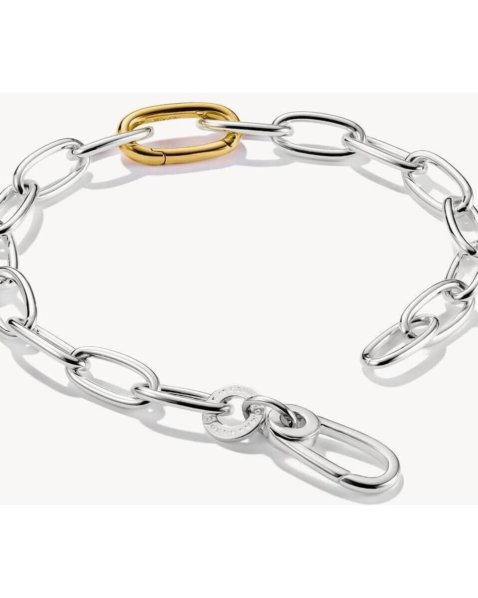 Bracelet charm bicolore en argent recyclé, avec maillon central plaqué or 18k, design moderne.