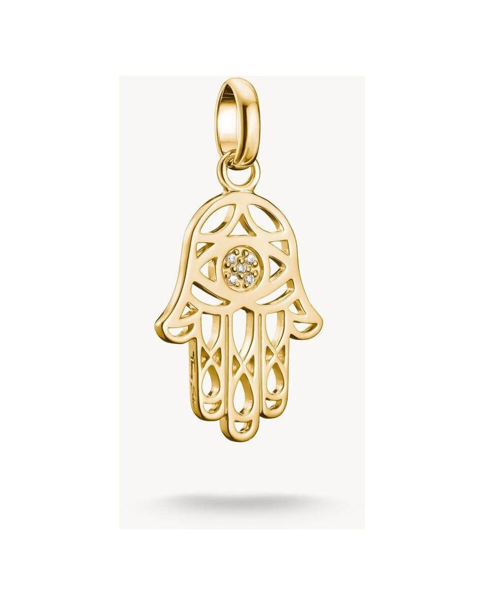 Pendentif charm Main Hamsa en or plaqué, orné de zircons, symbolisant protection et chance.