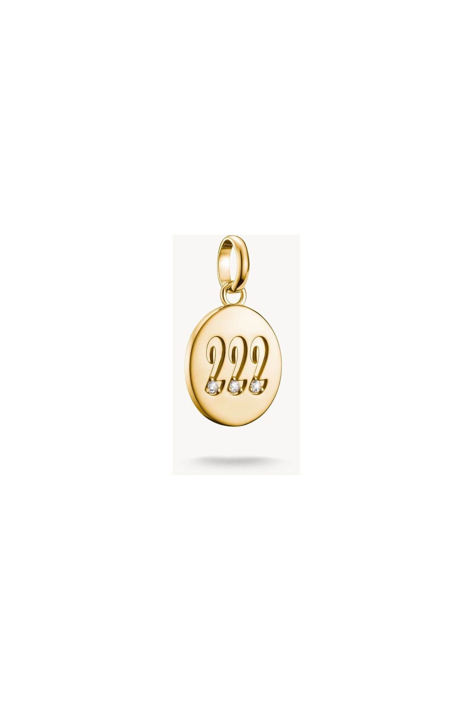 Pendentif charm ange numéro 222 plaqué or avec trois pierres blanches en zircon, élégant et symbolique.