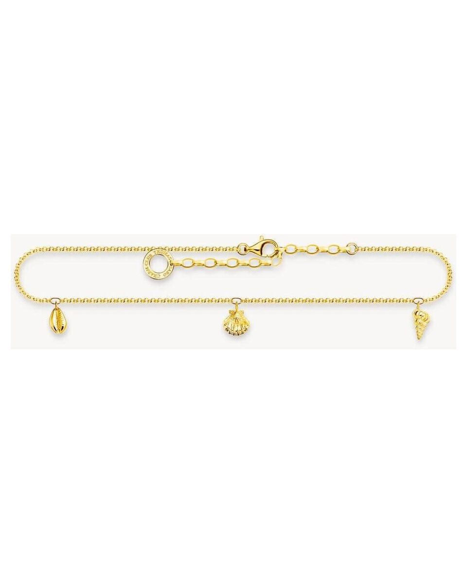 Chaîne de cheville en or jaune 18 carats avec trois coquillages en décoration, élégante et ajustable.