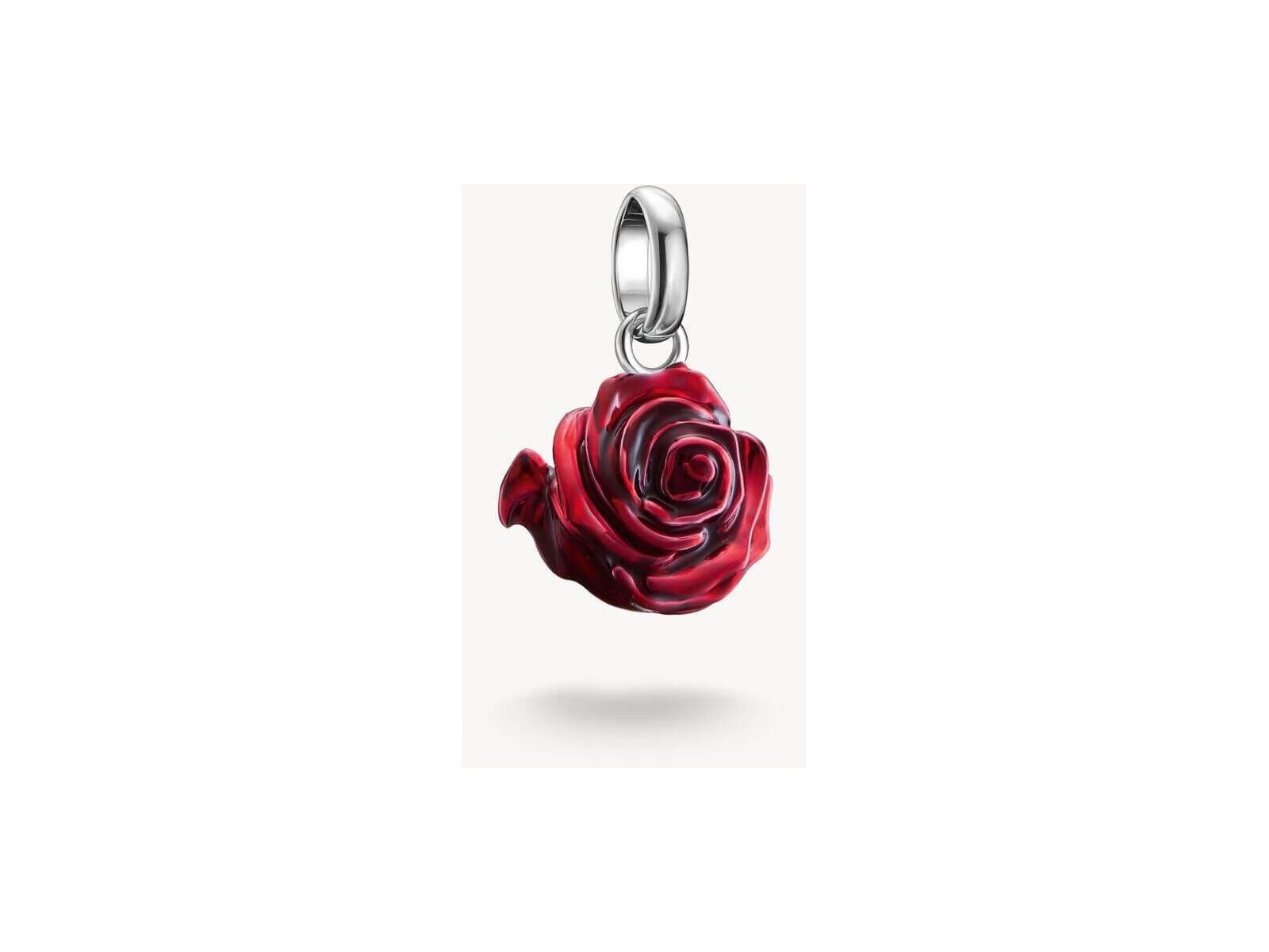 Charm pendant in recycled silver featuring a 3D red rose, detailed with hand-applied red enamel.