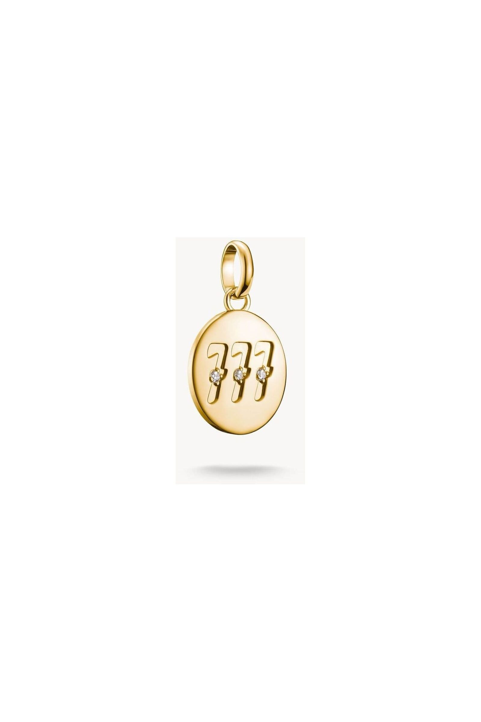 Pendentif charm numéro angélique 777 en plaqué or, orné de trois pierres blanches en zirconium.