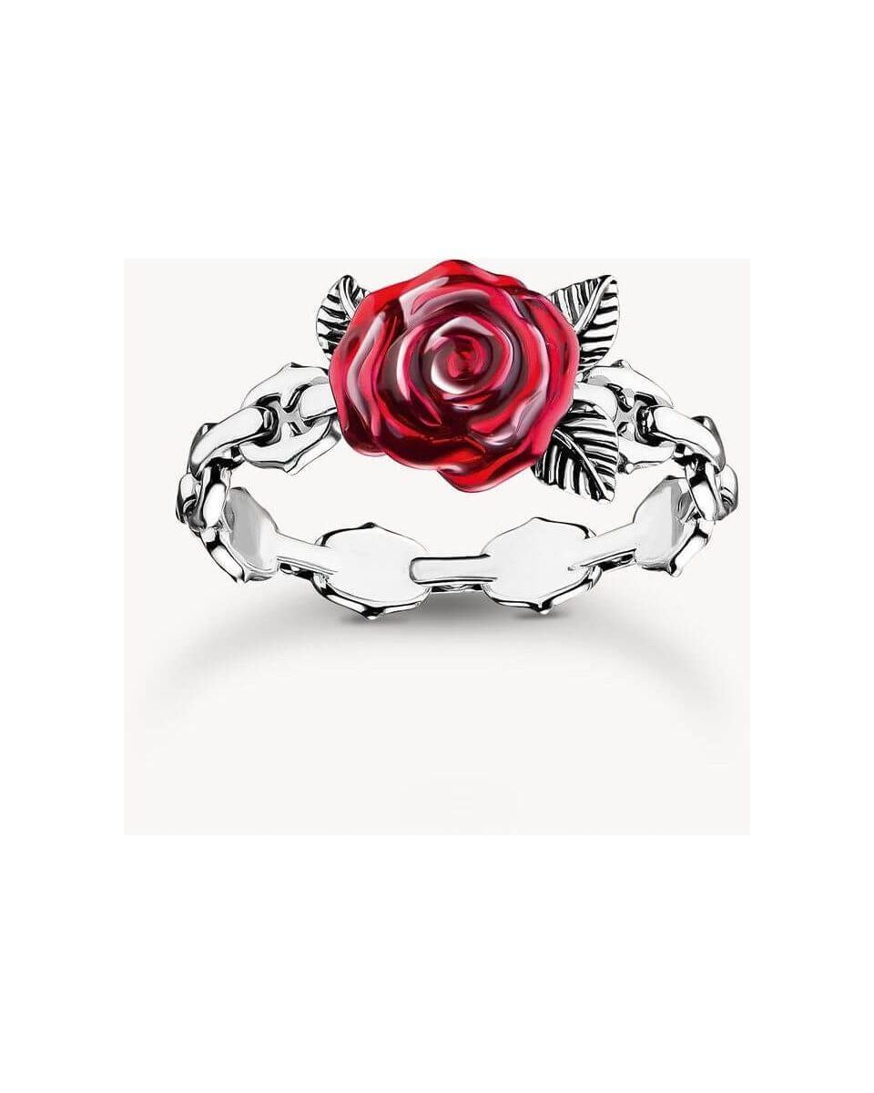 Bague Roses Romance argent en argent noirci avec rose rouge en émail, design inspiré de la victorien.