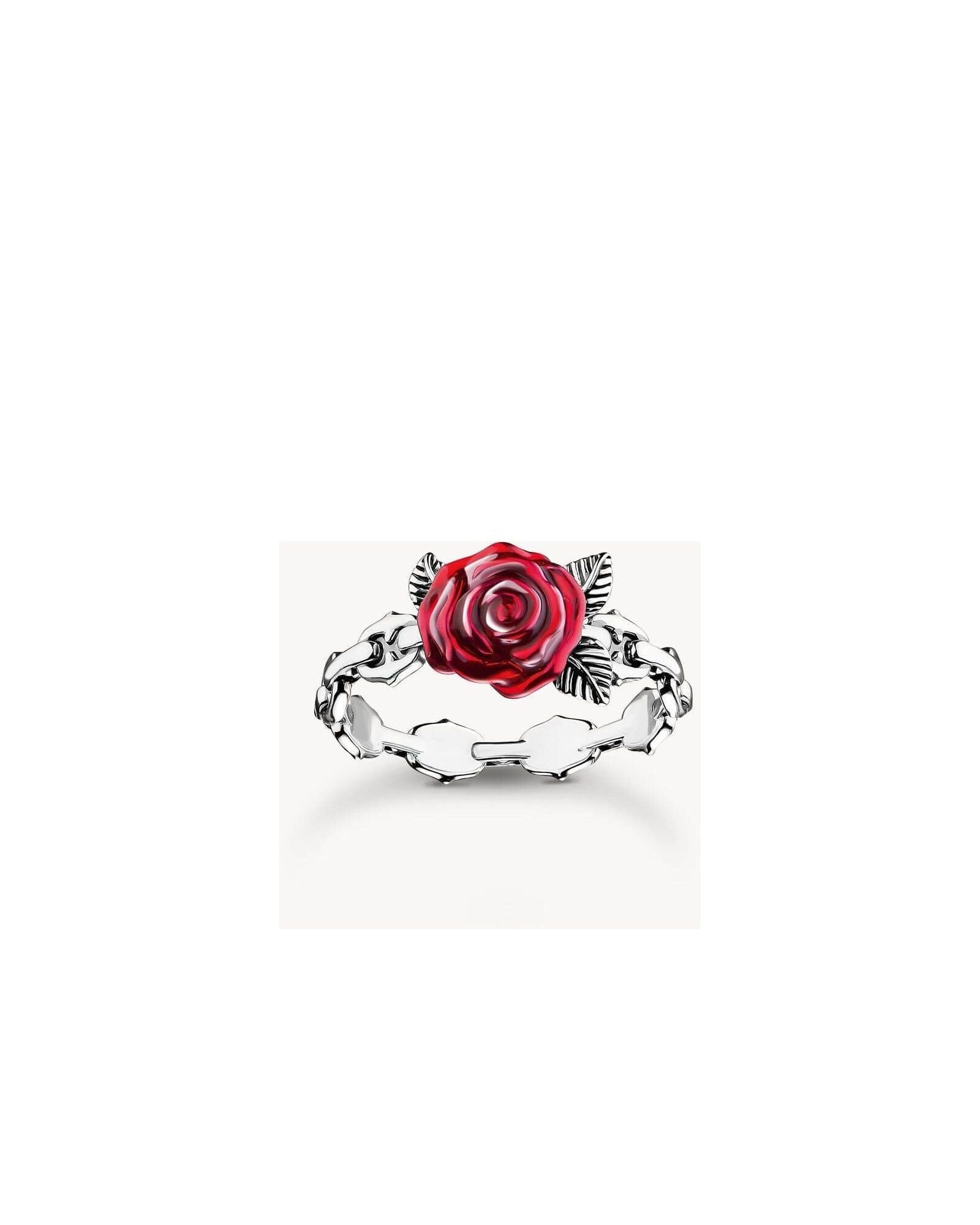 Bague Roses Romance argent en argent noirci avec rose rouge en émail, design inspiré de la victorien.