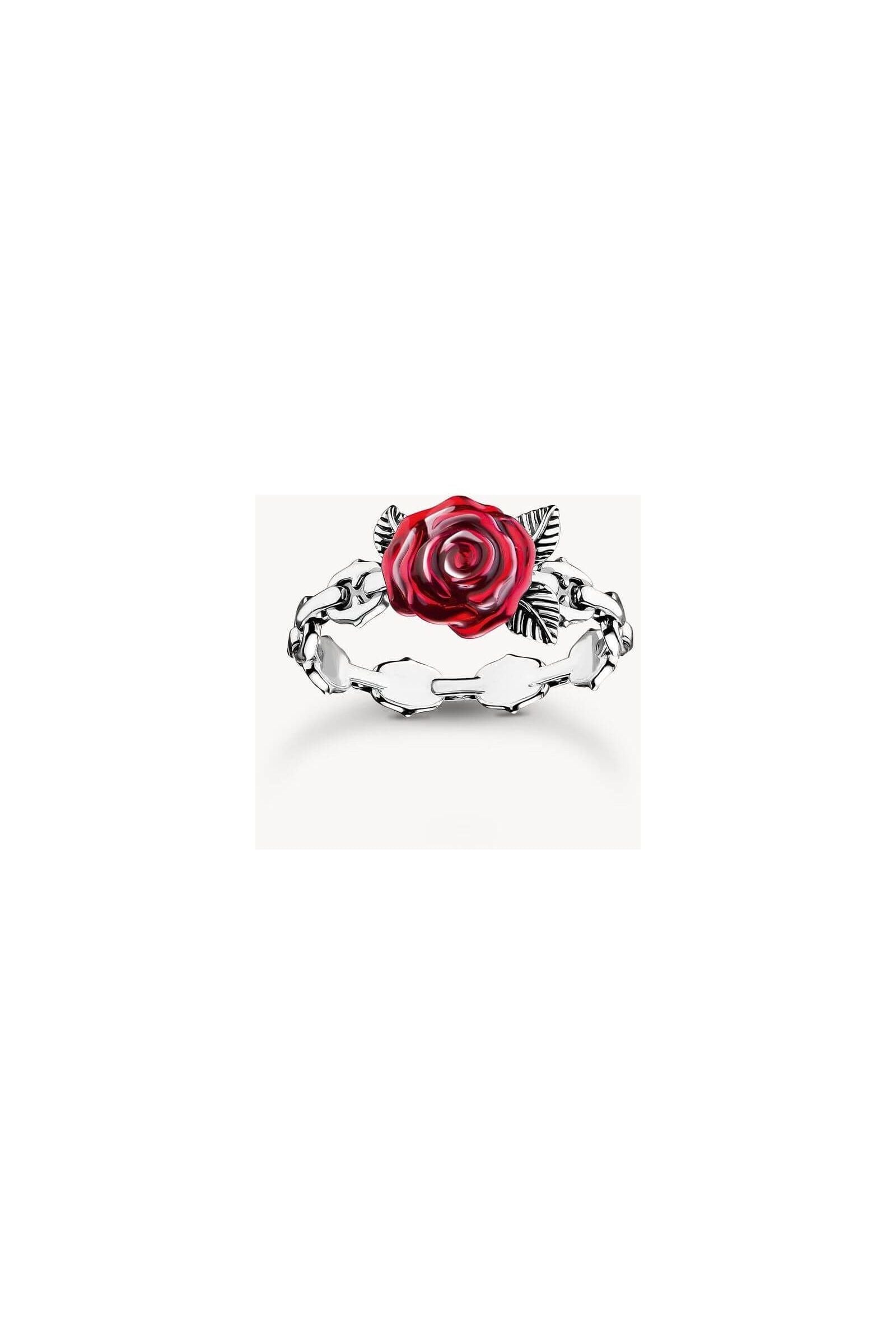 Bague Roses Romance argent en argent noirci avec rose rouge en émail, design inspiré de la victorien.