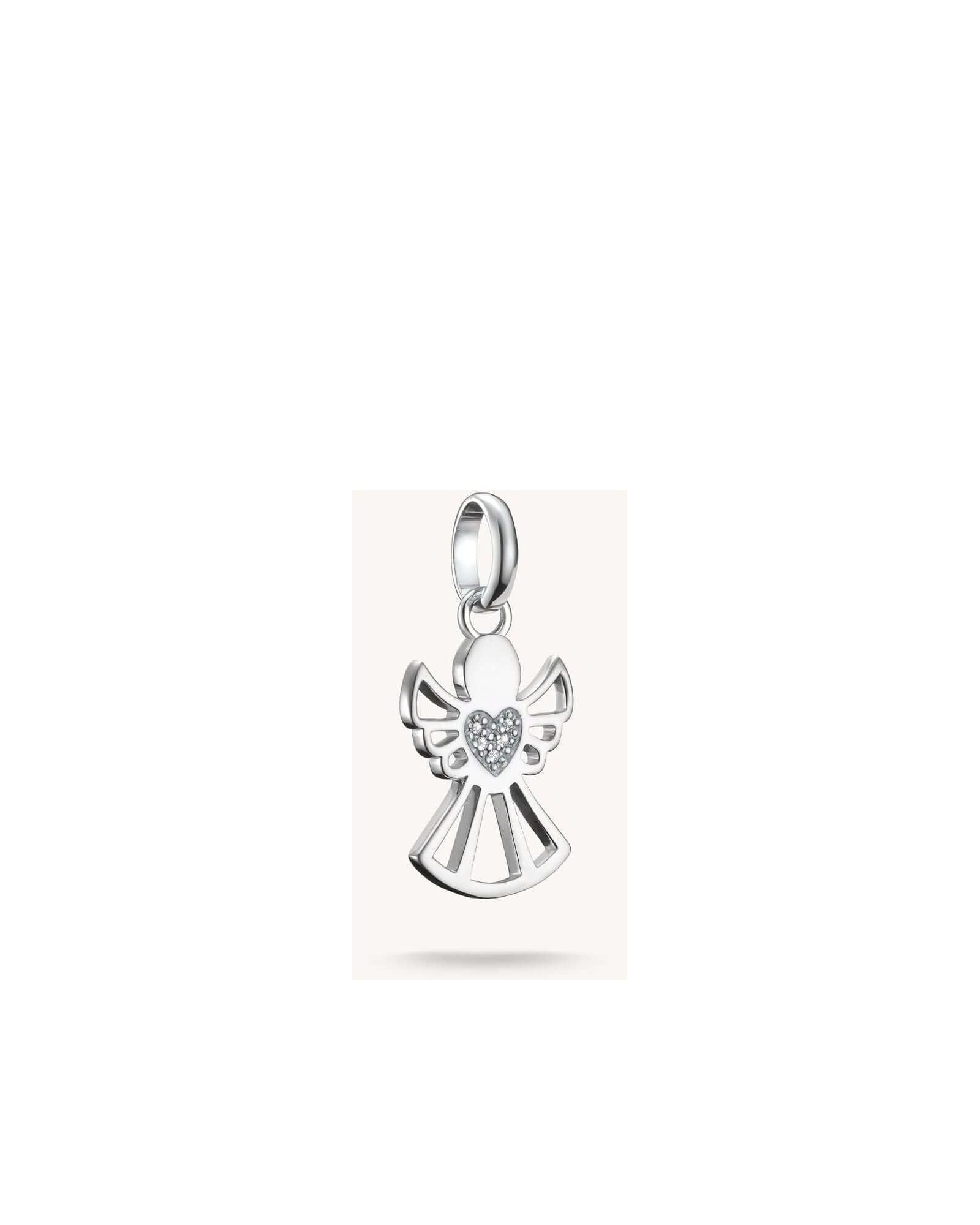 Pendentif charm en argent recyclé en forme d'ange avec cœur pavé de zirconiums blancs.